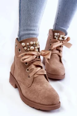 Zamszowe Ocieplane Botki Na Suwak Z Perłami Ciemnobeżowe Raiso Damskie Botki Sznurowane|Botki Zimowe Damskie