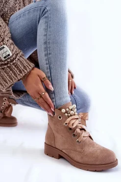 Zamszowe Ocieplane Botki Na Suwak Z Perłami Ciemnobeżowe Raiso Damskie Botki Sznurowane|Botki Zimowe Damskie