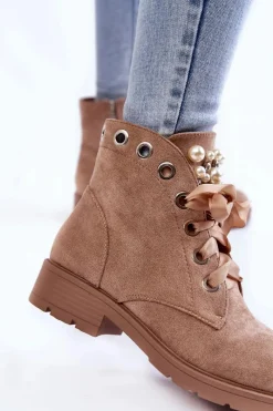 Zamszowe Ocieplane Botki Na Suwak Z Perłami Ciemnobeżowe Raiso Damskie Botki Sznurowane|Botki Zimowe Damskie