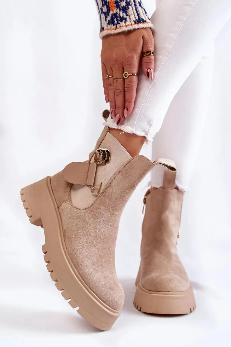 Czarne Botki|Botki Zimowe Damskie>Boto Zamszowe Ocieplane Botki Workery Beżowe Magnis