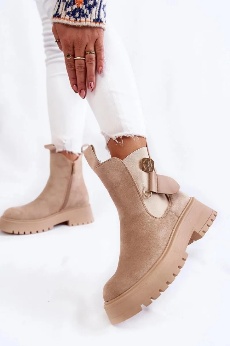 Czarne Botki|Botki Zimowe Damskie>Boto Zamszowe Ocieplane Botki Workery Beżowe Magnis