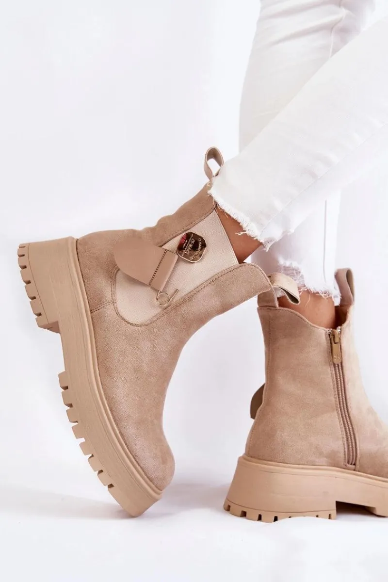 Czarne Botki|Botki Zimowe Damskie>Boto Zamszowe Ocieplane Botki Workery Beżowe Magnis