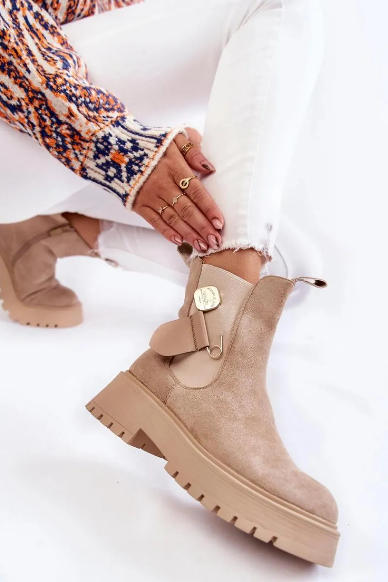 Czarne Botki|Botki Zimowe Damskie>Boto Zamszowe Ocieplane Botki Workery Beżowe Magnis