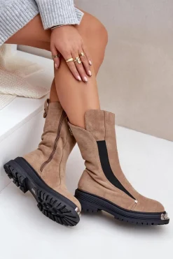 Sale Zamszowe Ocieplane Botki Na Płaskim Obcasie Beżowe Palimra Damskie Czarne Botki|Botki Zimowe Damskie