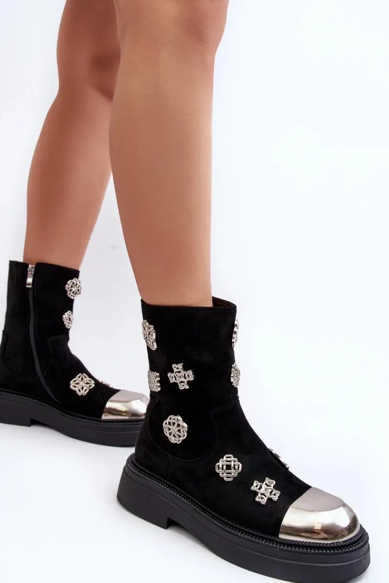 Czarne Botki|Botki Zimowe Damskie>Damskie buty S.Barski Zamszowe Ocieplane Botki Z Ozdobami D&A MR870-14 Czarne