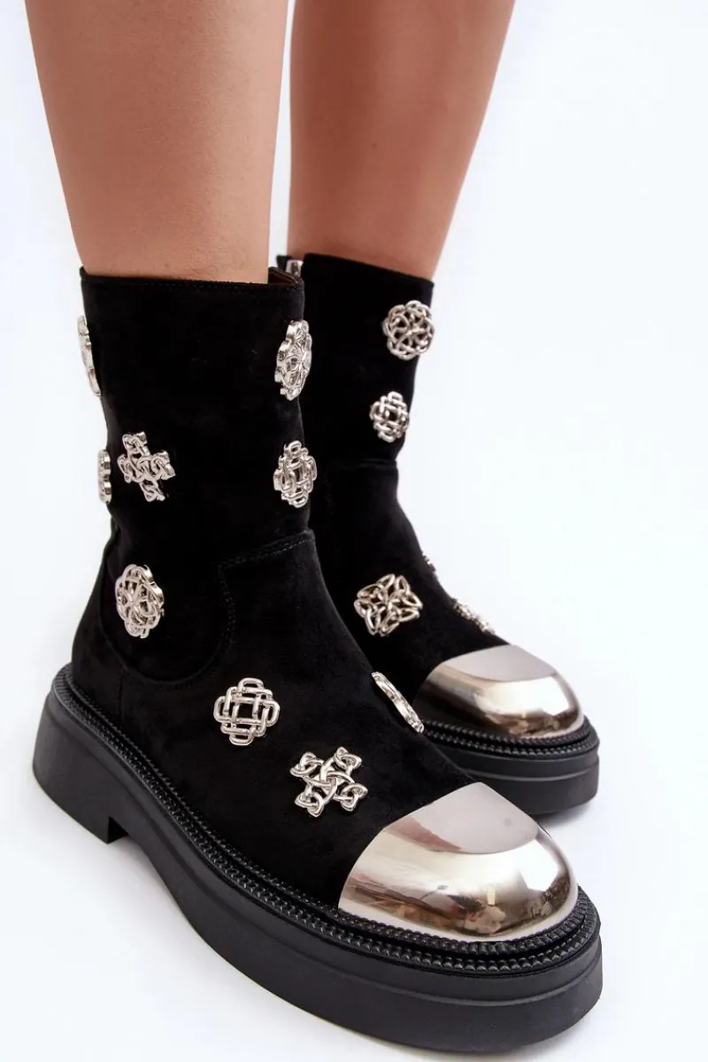 Czarne Botki|Botki Zimowe Damskie>Damskie buty S.Barski Zamszowe Ocieplane Botki Z Ozdobami D&A MR870-14 Czarne