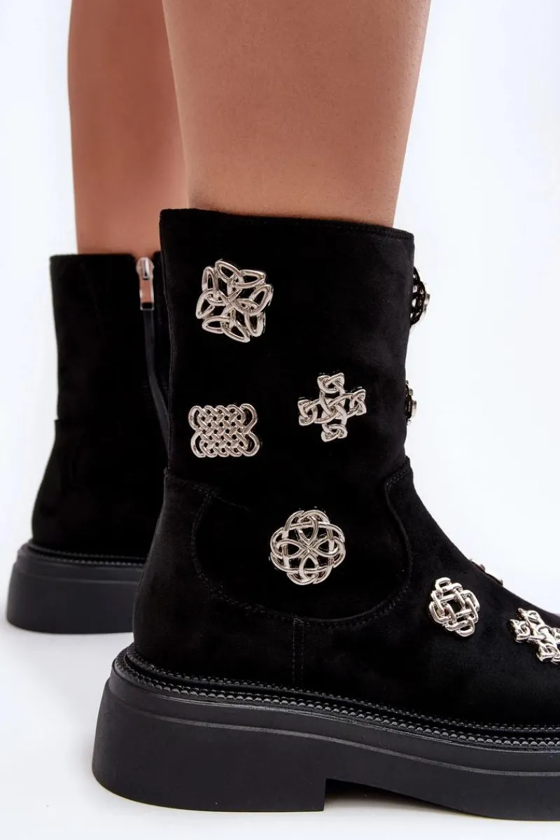 Czarne Botki|Botki Zimowe Damskie>Damskie buty S.Barski Zamszowe Ocieplane Botki Z Ozdobami D&A MR870-14 Czarne