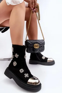 Czarne Botki|Botki Zimowe Damskie><noscript><img width=