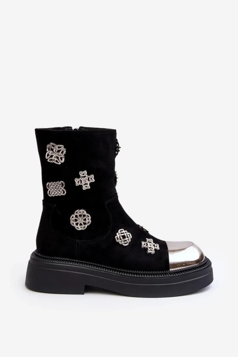Czarne Botki|Botki Zimowe Damskie>Damskie buty S.Barski Zamszowe Ocieplane Botki Z Ozdobami D&A MR870-14 Czarne