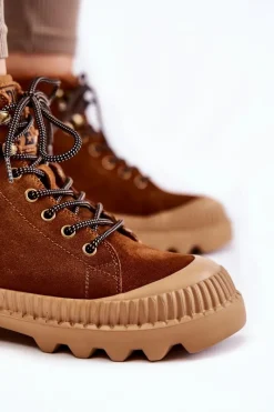 Discount Zamszowe Ocieplane Botki Trapery Big Star KK274520 Brązowe Damskie Damskie Trapery|Botki Sznurowane