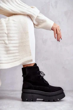 New Boto Zamszowe Ocieplane Botki Sznurowane Czarne Lemar Elisabeth Czarny