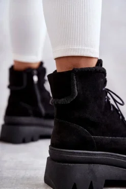 New Boto Zamszowe Ocieplane Botki Sznurowane Czarne Lemar Elisabeth Czarny