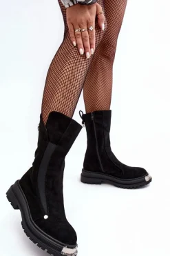 Czarne Botki|Botki Zimowe Damskie>Boto Zamszowe Ocieplane Botki Na Płaskim Obcasie Czarne Palimra