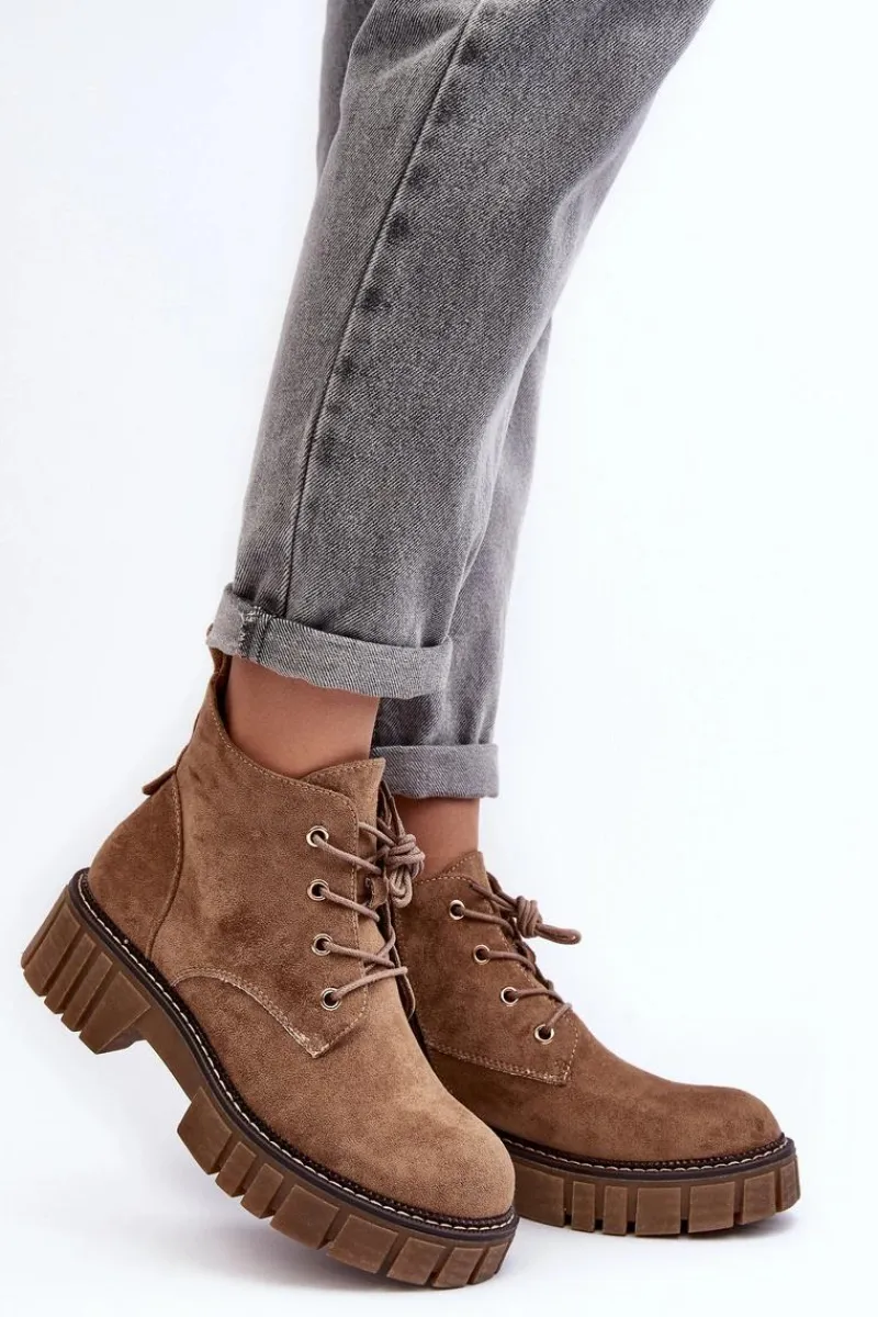 Buty Sergio Leone Zamszowe Ocieplane Botki Sznurowane Ciemnobeżowe Bjorg