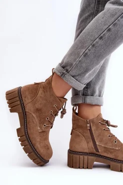 Buty Sergio Leone Zamszowe Ocieplane Botki Sznurowane Ciemnobeżowe Bjorg