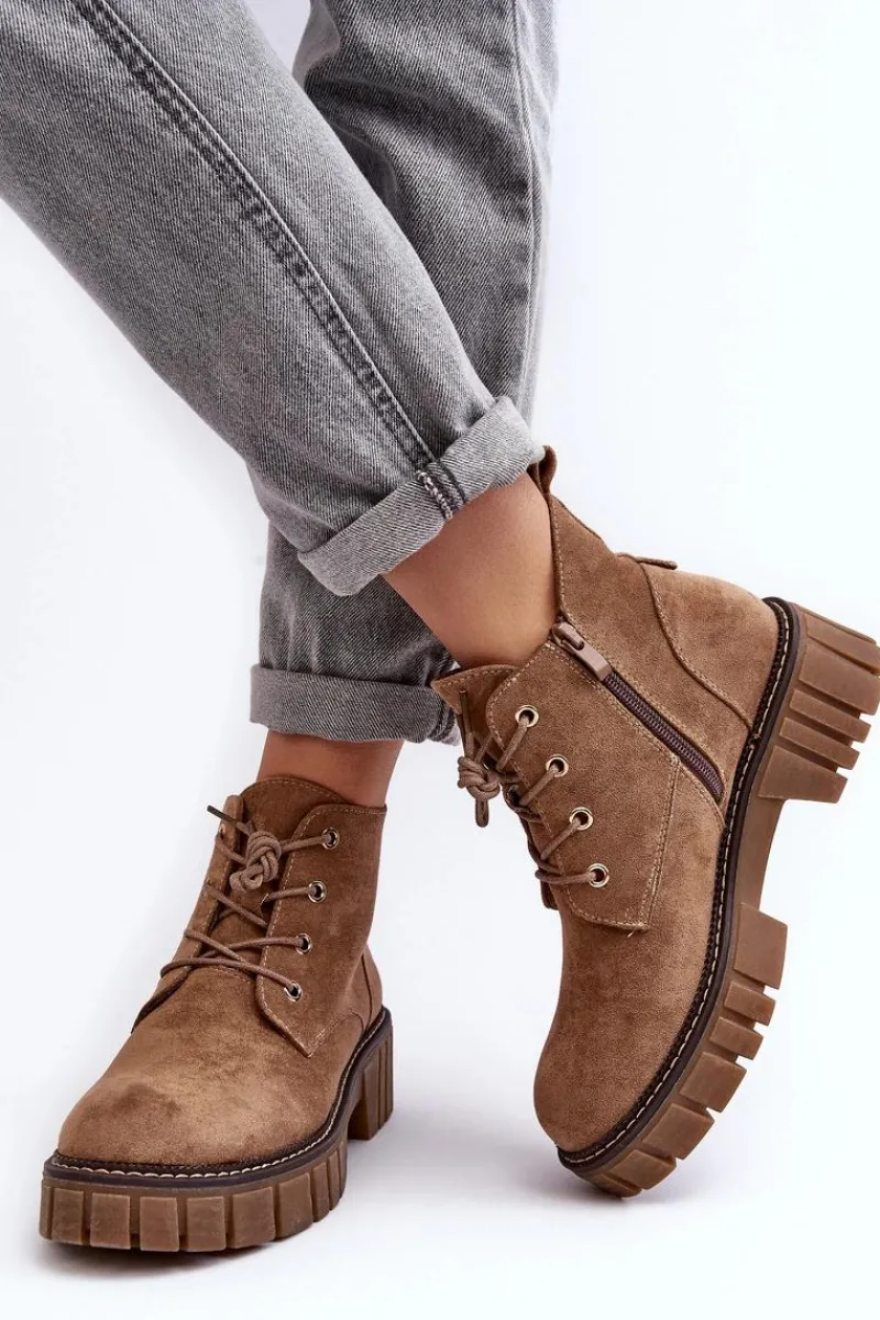 Buty Sergio Leone Zamszowe Ocieplane Botki Sznurowane Ciemnobeżowe Bjorg