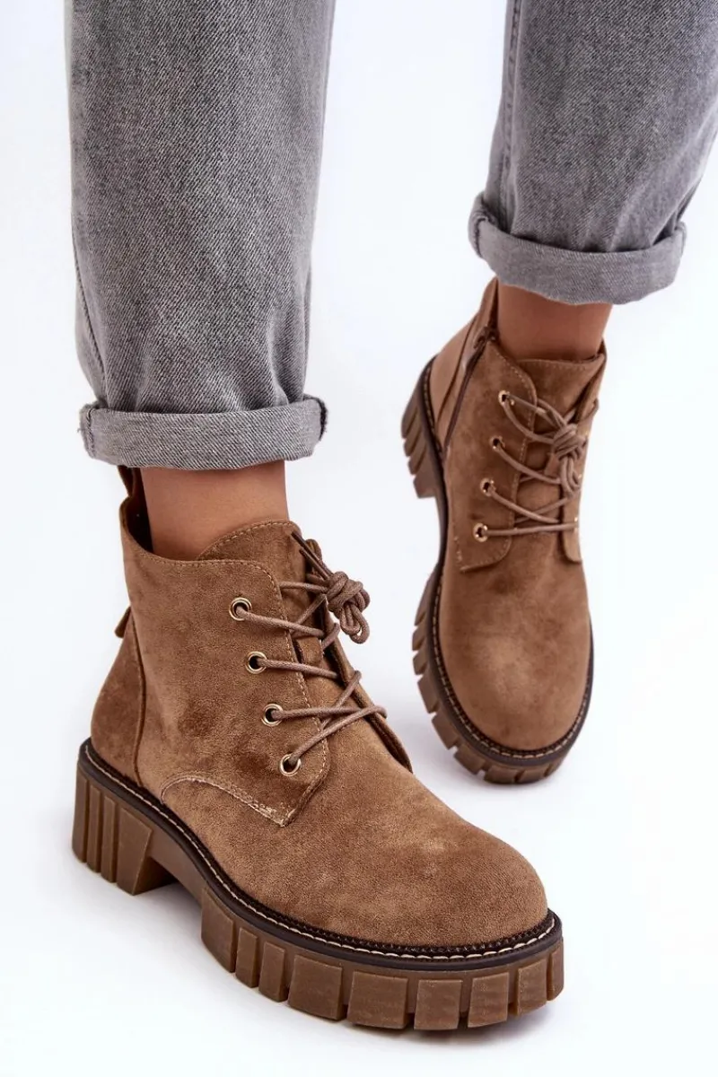 Buty Sergio Leone Zamszowe Ocieplane Botki Sznurowane Ciemnobeżowe Bjorg