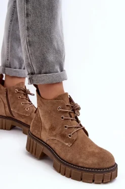 Buty Sergio Leone Zamszowe Ocieplane Botki Sznurowane Ciemnobeżowe Bjorg