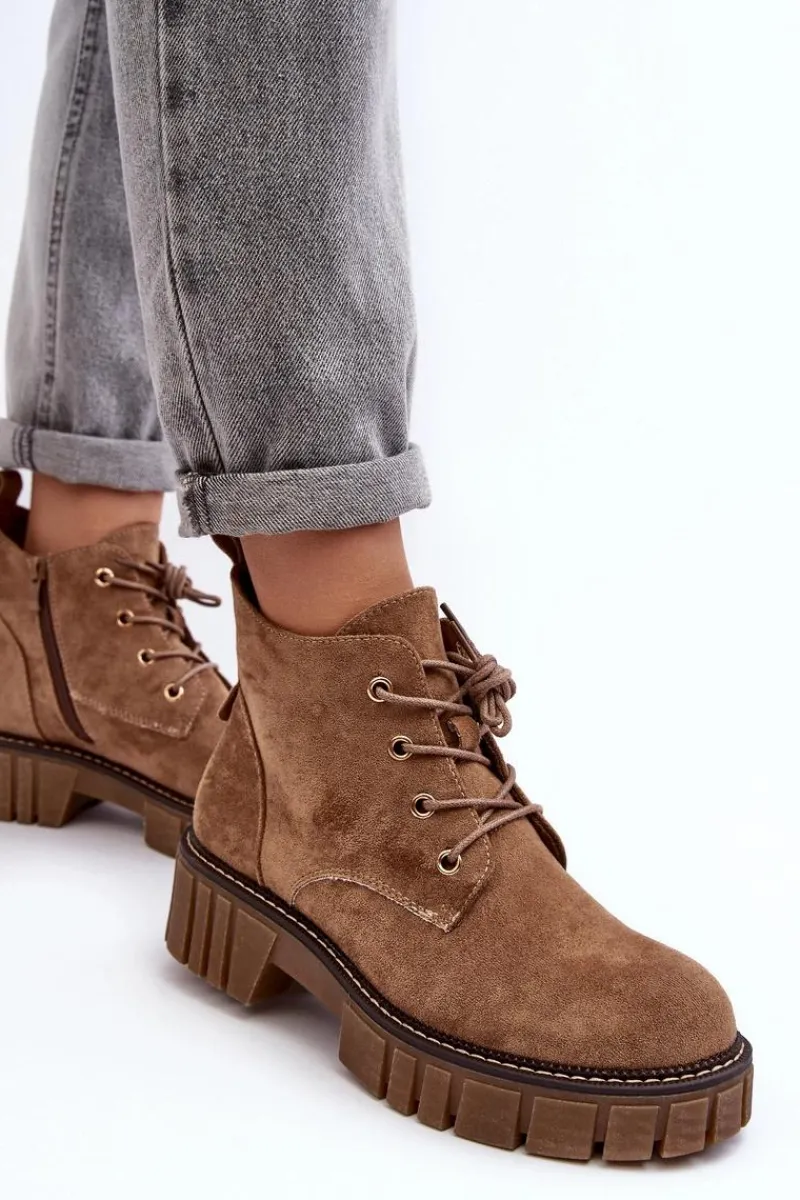 Buty Sergio Leone Zamszowe Ocieplane Botki Sznurowane Ciemnobeżowe Bjorg