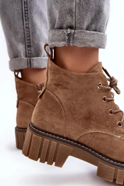 Buty Sergio Leone Zamszowe Ocieplane Botki Sznurowane Ciemnobeżowe Bjorg