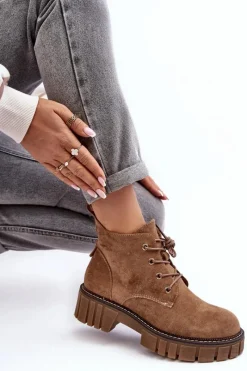 Buty Sergio Leone Zamszowe Ocieplane Botki Sznurowane Ciemnobeżowe Bjorg