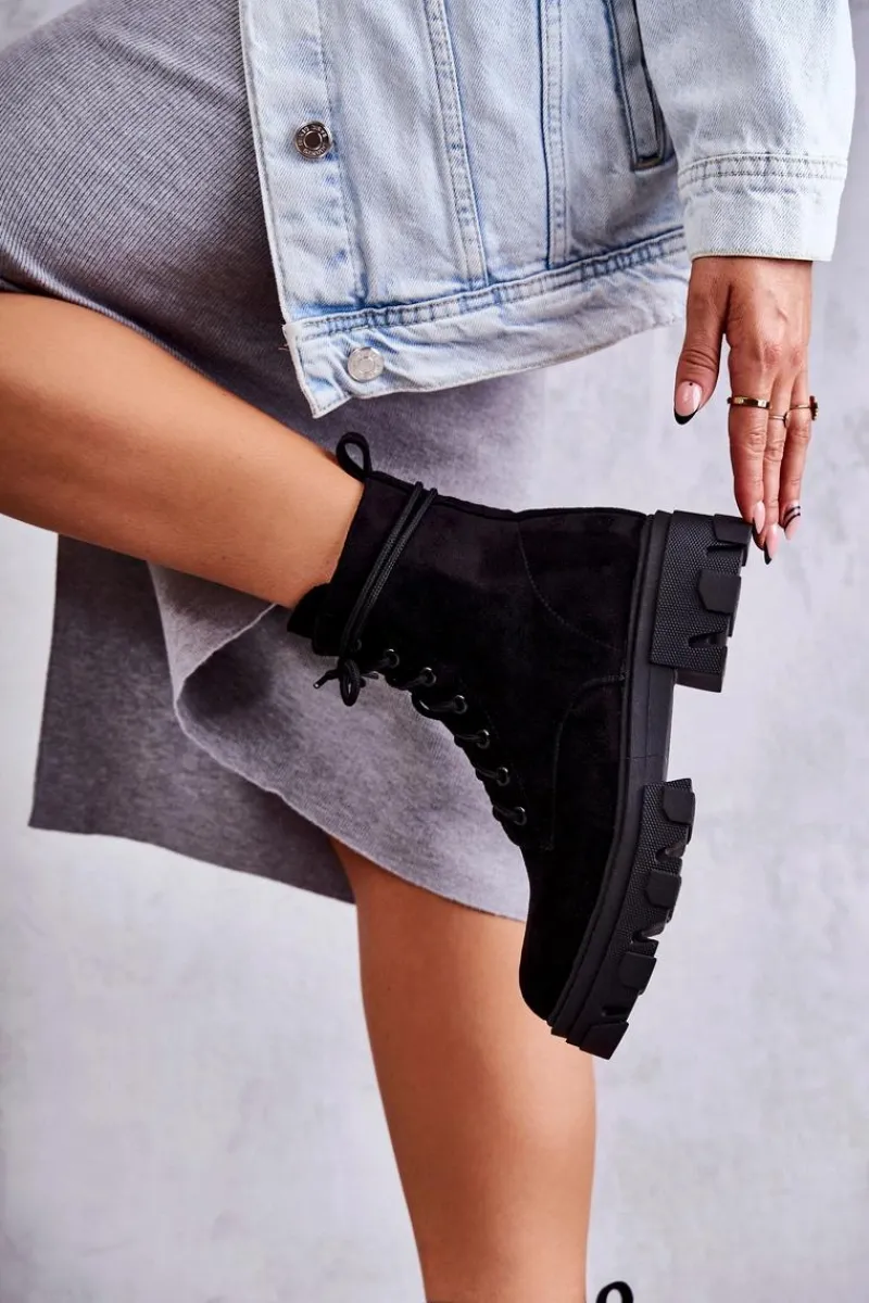 Damskie Trapery|Botki Sznurowane>Boto Zamszowe Ocieplane Botki Workery Czarne Darvin