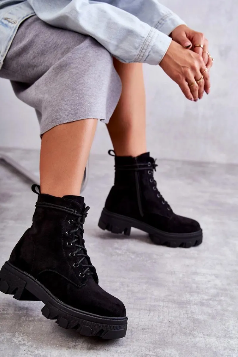 Damskie Trapery|Botki Sznurowane>Boto Zamszowe Ocieplane Botki Workery Czarne Darvin