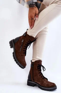 Clearance Zamszowe Ocieplane Botki 2508 Brązowe Damskie Botki Skórzane|Botki Sznurowane