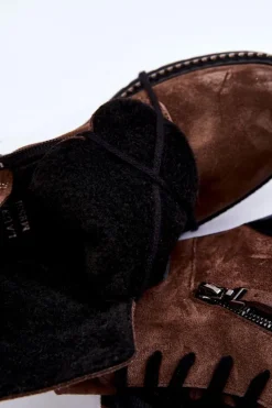 Clearance Zamszowe Ocieplane Botki 2508 Brązowe Damskie Botki Skórzane|Botki Sznurowane