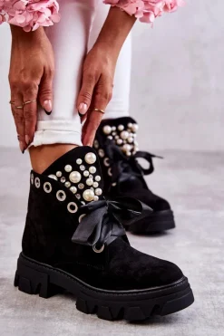 Botki Sznurowane|Czarne Botki>Boto Zamszowe Ocieplane Botki Z Perłami Czarne Roco