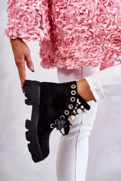 Botki Sznurowane|Czarne Botki>Boto Zamszowe Ocieplane Botki Z Perłami Czarne Roco