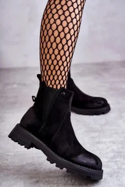 Discount Zamszowe Ocieplane Botki Workery Na Płaskim Obcasie Czarne Salome Damskie Czarne Botki|Botki Zimowe Damskie