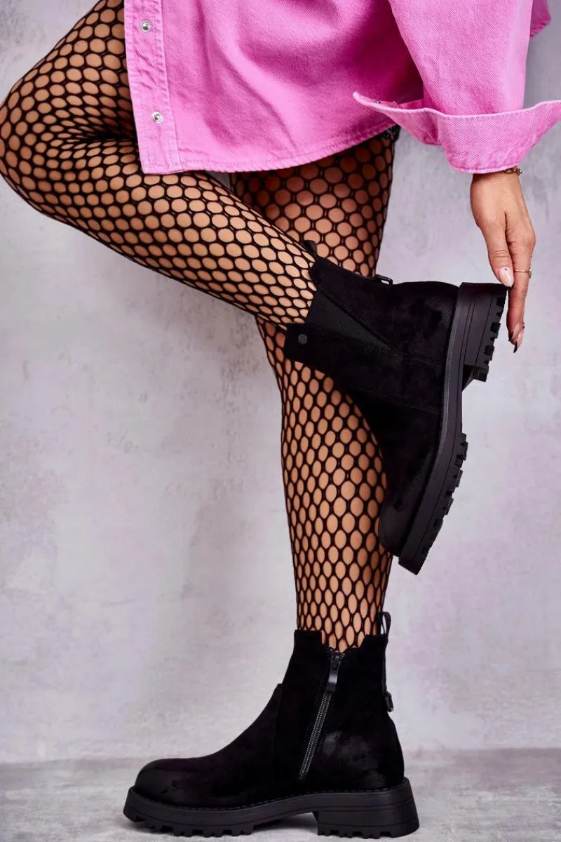 Discount Zamszowe Ocieplane Botki Workery Na Płaskim Obcasie Czarne Salome Damskie Czarne Botki|Botki Zimowe Damskie