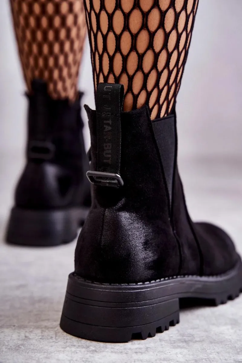 Discount Zamszowe Ocieplane Botki Workery Na Płaskim Obcasie Czarne Salome Damskie Czarne Botki|Botki Zimowe Damskie