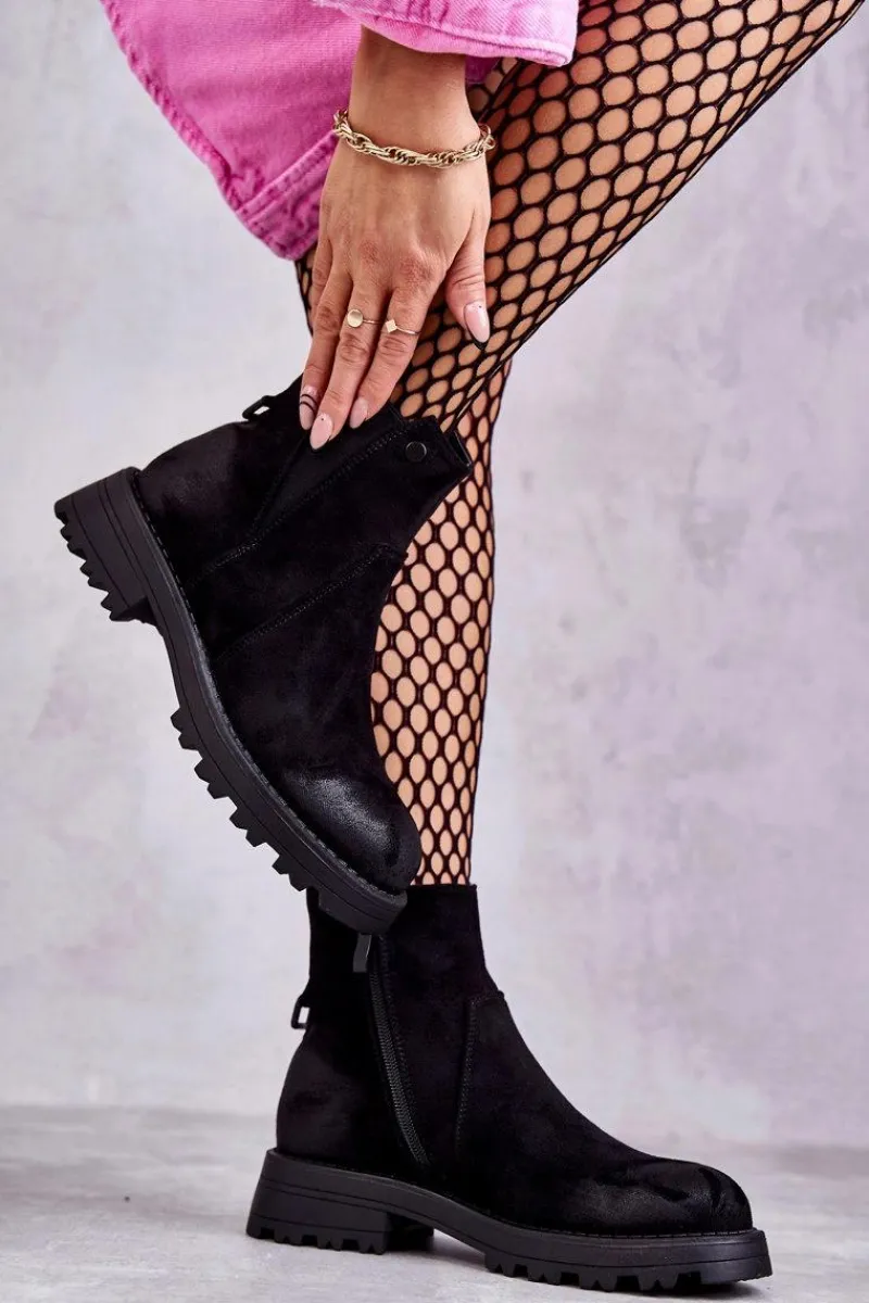 Discount Zamszowe Ocieplane Botki Workery Na Płaskim Obcasie Czarne Salome Damskie Czarne Botki|Botki Zimowe Damskie