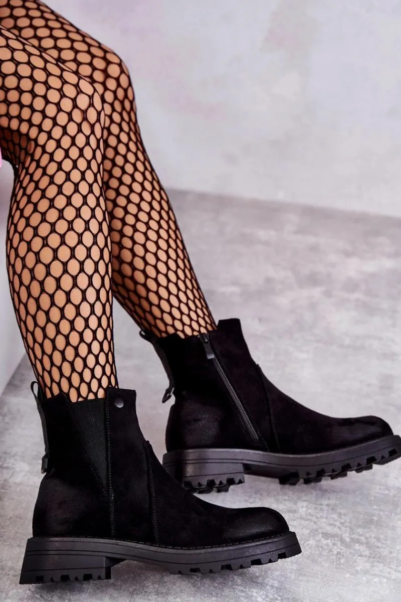 Discount Zamszowe Ocieplane Botki Workery Na Płaskim Obcasie Czarne Salome Damskie Czarne Botki|Botki Zimowe Damskie