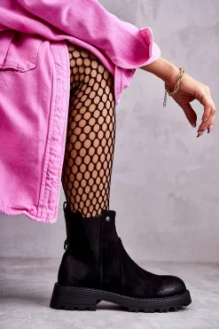 Discount Zamszowe Ocieplane Botki Workery Na Płaskim Obcasie Czarne Salome Damskie Czarne Botki|Botki Zimowe Damskie