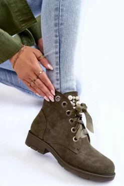 Online Boto Zamszowe Ocieplane Botki Na Suwak Z Perłami Zielone Raiso