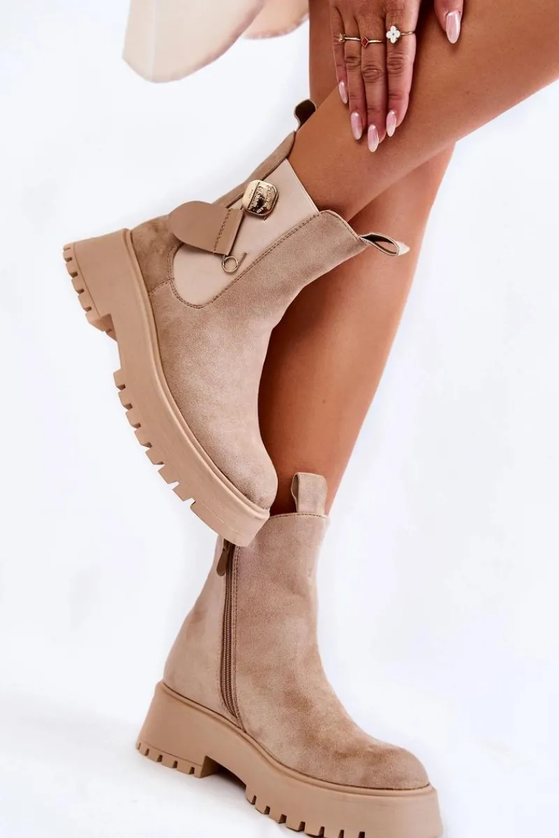 Czarne Botki|Botki Zimowe Damskie>Boto Zamszowe Ocieplane Botki Workery Ciemnobeżowe Magnis