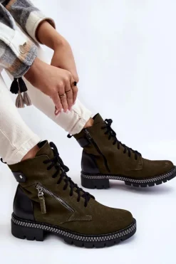 Clearance Zamszowe Ocieplane Botki 2508 Zielone Damskie Botki Ocieplane|Botki Skórzane