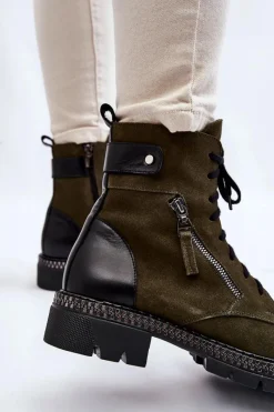 Clearance Zamszowe Ocieplane Botki 2508 Zielone Damskie Botki Ocieplane|Botki Skórzane