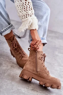 Clearance Zamszowe Ocieplane Botki Workery Brązowe Darvin Damskie Damskie Trapery|Botki Sznurowane