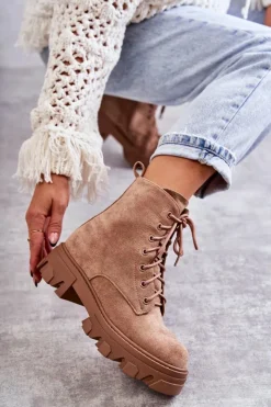 Clearance Zamszowe Ocieplane Botki Workery Brązowe Darvin Damskie Damskie Trapery|Botki Sznurowane