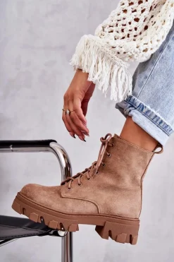 Clearance Zamszowe Ocieplane Botki Workery Brązowe Darvin Damskie Damskie Trapery|Botki Sznurowane