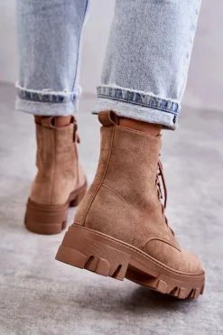 Clearance Zamszowe Ocieplane Botki Workery Brązowe Darvin Damskie Damskie Trapery|Botki Sznurowane