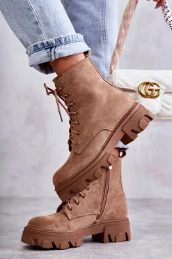 Clearance Zamszowe Ocieplane Botki Workery Brązowe Darvin Damskie Damskie Trapery|Botki Sznurowane