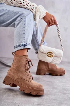 Clearance Zamszowe Ocieplane Botki Workery Brązowe Darvin Damskie Damskie Trapery|Botki Sznurowane