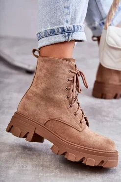 Clearance Zamszowe Ocieplane Botki Workery Brązowe Darvin Damskie Damskie Trapery|Botki Sznurowane