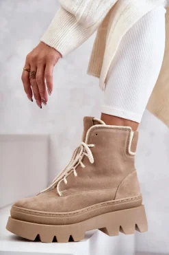 Botki Sznurowane|Botki Zimowe Damskie>Boto Zamszowe Ocieplane Botki Sznurowane Beżowe Lemar Elisabeth