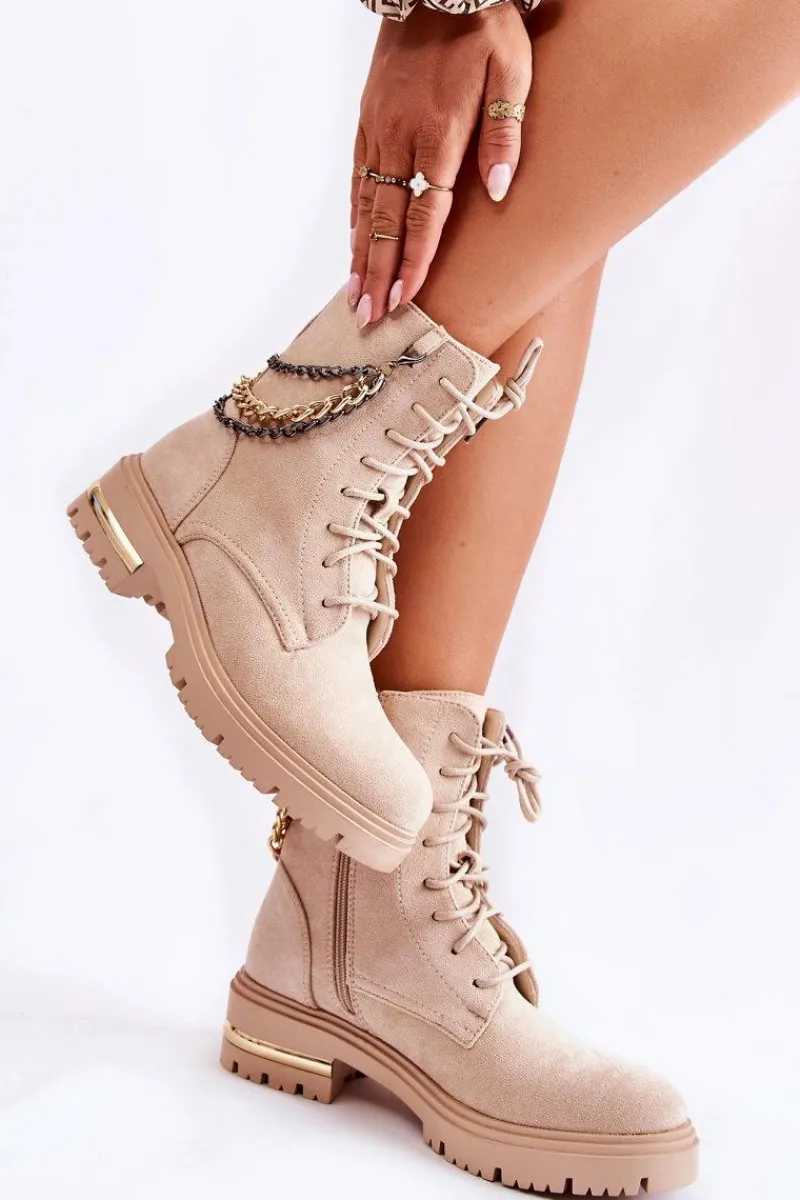 Sale Boto Zamszowe Ocieplane Botki Z Łańcuchem Beżowe Sorita